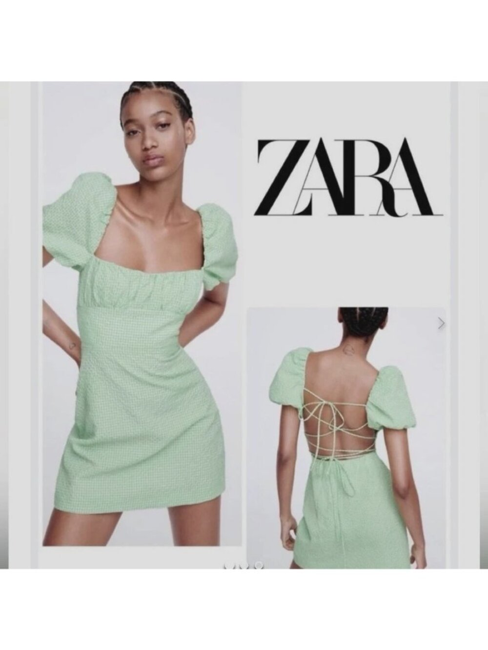 NEW Blogger Fav  Zara Green Gingham Puff SlV Open back Mini Dress Cottagecore S